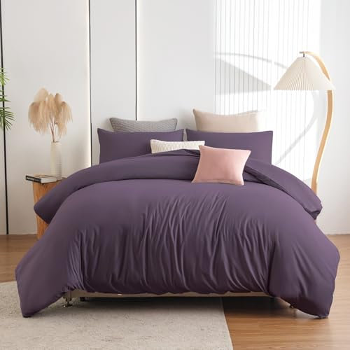 Soifox Double Duvet Cover Set Purple Grey - Soft Microfiber Duvet Cover 200 x 200 cm with 2 Pillowcases 50 x 75 cm, Non Iron Luxury Bedding Set with Zipper Closure