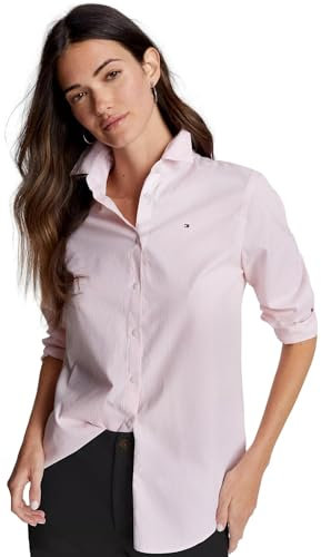 Tommy Hilfiger Chemise unie à col boutonné avec manches réglables pour femme, Rayé rose précieux/blanc brillant., Taille XL