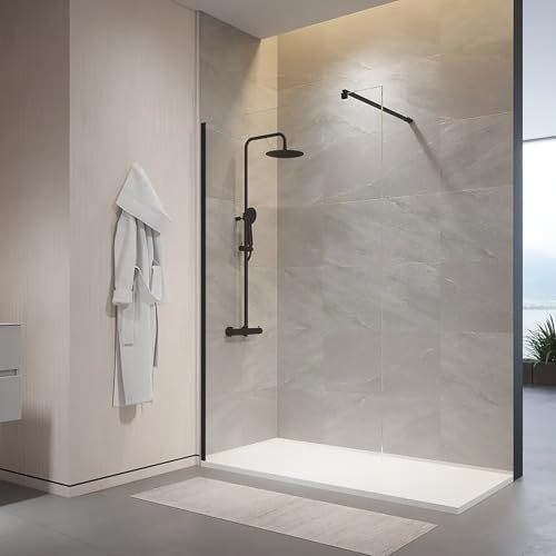 Box Doccia Walk-In 150 cm Altezza 200cm Parete Fissa Vetro Temperato Trasparente da 10mm con Trattamento Anticalcare Braccio Telescopico SUS304 Profili Alluminio Nero Opaco