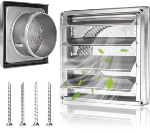 XTDMJ Griglia di ventilazione in acciaio inox da 125 mm con valvola di ritegno, lamelle mobili, zanzariera, tubo VMC e copertura cappa esterna con guarnizione in gomma e viti