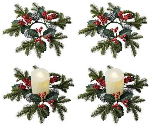 Weihnachten Kerzenringe, 4 Stück Weihnachtskerzen Ringe mit Künstliche Roten Beeren Tannenzapfen, Kerzenringe für Stumpenkerzen, Votivkerzenhalter Ringe für Tischdekoration Heimdekoration