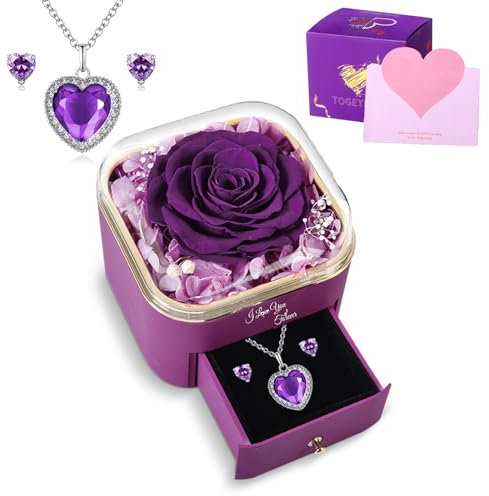 MARUKO Ewige Rose Konservierte Echte, Rosenbox mit Schmuck, Rose mit Kette Box für Ihre Frauen Mama Frau Freundin an Weihnachten Valentinstag Muttertag Jubiläum Geburtstag (Violett)