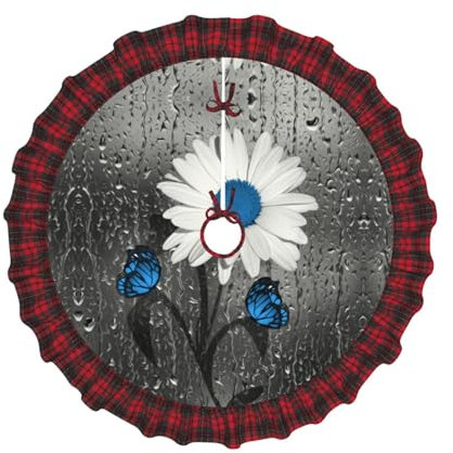 Weihnachtsbaumdecke mit weißer blauer Blume, Weihnachtsbaum-Rock, karierter Rand, Weihnachtsbaum-Abdeckung für Weihnachtsdekoration