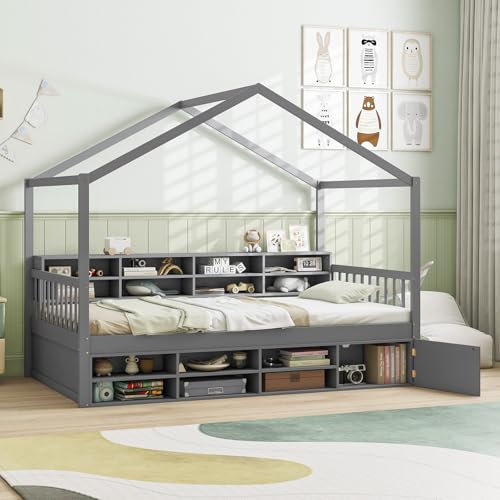 COSTWAY Wooden Kids Bed Frame, 3FT Single Size House Bed with 14 Storage Cubes, Enclosed Cabinet, Wood Slats & Fencing, Chidren Floor Bed for Boys Girls, No Box Spring Needed (Gray)