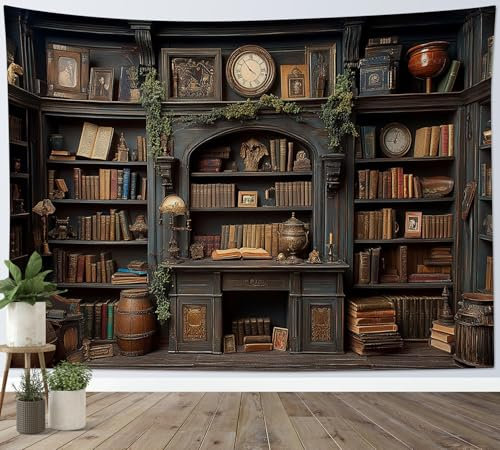 LB Wandteppich Vintage Bücherregal Wandtuch Braune Bücher auf Retro Regal mit Pflanzen Wandbehang Hexen Bibliothek Tapisserie für Wohnzimmer Schlafzimmer Wohnheim Wanddeko,200x150cm