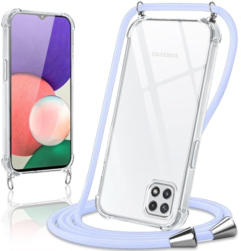 Coiwxmoi Handyband Handyhülle für Samsung Galaxy A22 5G Hülle mit Band 6.6,Transparent Case mit Kette Abnehmbar zum Umhängen Kordel Schutzhülle,Weich Silikon TPU Stoßfest Cover,Lila