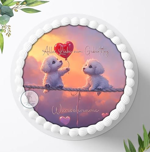 Tortenaufleger, Motiv süße Hunde für Jungen u. Mädchen zum Geburtstag, Personalisiert mit oder ohne Wunschname, Torten Deko, Tortenbild, Essbares Foto für Torten, Deko aus Fondant, Ø 20cm - 2171z