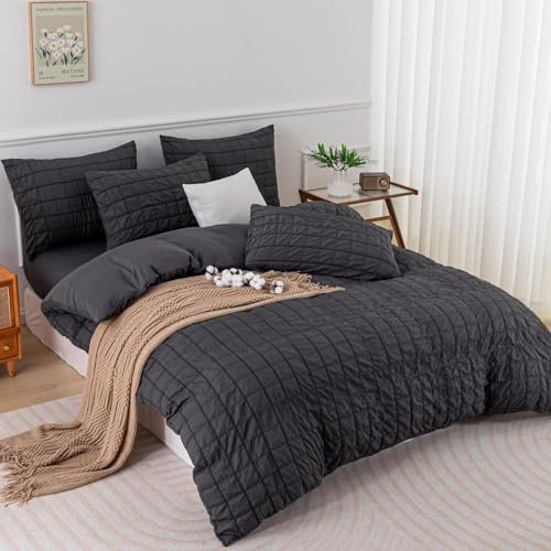 YASMENG Seersucker Bettwäsche 135x200 Grau Gestreift Bettwäsche Seersucker Gitter Modern Bettwäsche Mikrofaser Weich Atmungsaktiv Bettbezug Set 2teilig mit Reißverschluss und 80x80 cm Kissenbezug