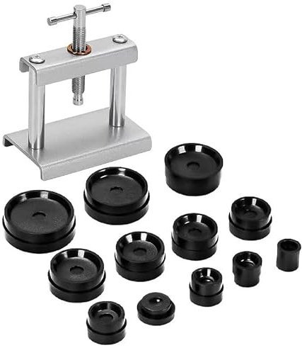 Kiuiom Uhrenschließer Einpresswerkzeug,Uhrenschließer Gehäuseschließer,Uhrenpresse Gehäuseschließer,Uhrendeckelpresse,Uhr Presse Set mit 18 Matrizen für Schließen von Uhrengehäusen und Austausch