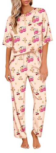 Ekouaer Pyjamas for Women Sleepwear Soft Short Sleeve Pyjama Satin Set Short Sleeve Shirt with Long Pajama Pant, Teddy Bear, M