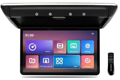 Monitor de techo de coche de 14 pulgadas, TV abatible hacia abajo, pantalla de vídeo HD de 1080P, pantalla IPS con luz ambiental de 16 colores, SD, HDMI, FM, Android 10(Black)