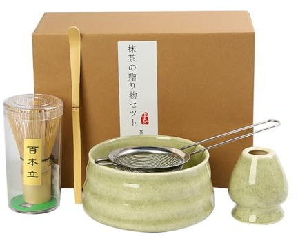 DAJASD Matcha Set, 5 Stück Matcha Besen Set mit Schneebesen, Schale, Teelöffel, Keramiklöffelhalter, Sieb, 17oz Matcha Zubehör für Liebhaber - Grün