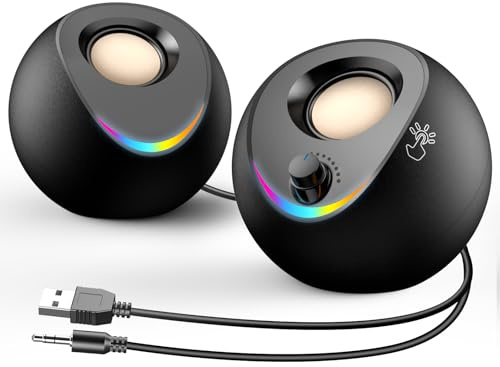 LENRUE PC Speakers for Desktop,Computer Speakers for Desktop PC with Stereo Sound and Touch Colorful Light,USB Powered Speaker with AUX Input,Wired Desk Speaker for Laptop Tablet Gaming (Matte-Black)