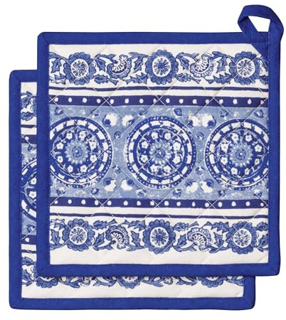 Maison d' Hermine Lot de 2 maniques 100% Coton résistant à la Chaleur, 20 cm x 20 cm, avec Une poignée, pour Manipuler Les Plats Chauds et Cuisiner au Printemps-été (Melodie Bleue)