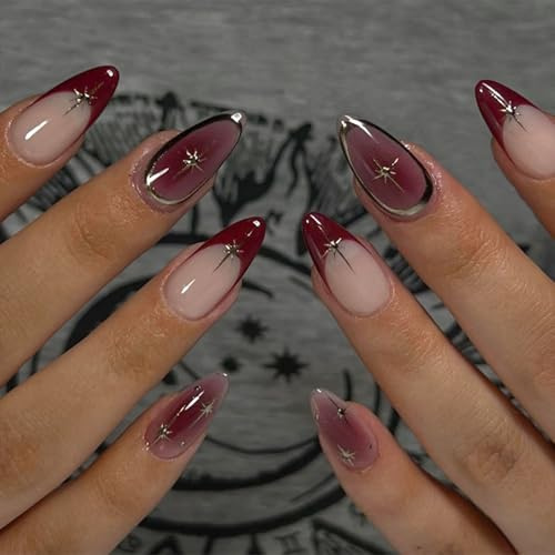 LunarCharm 24 Pieces Short Almond Shaped False Nails, Full Coverage, Acrylic Nail Set, 3D Nail Art with Star Design for Women's Manicure