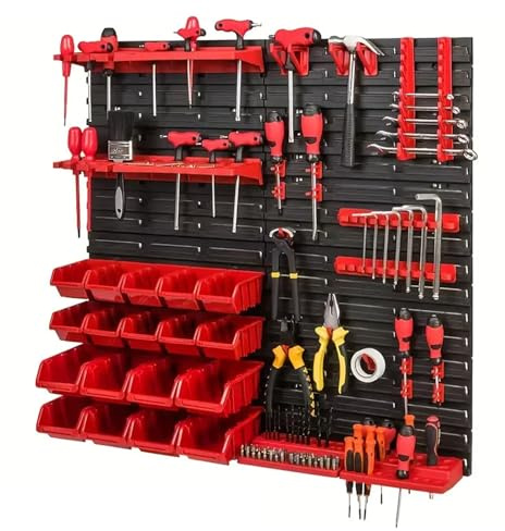 Yagosodee 54pcs Wall Mounted Tool Storage Rack, Heavy Duty Workshop Garage Wall Plates Storage Bins and Panel Set Garage Workshop Shed Organiser for Screwdrivers Wrenches Small Parts, Red + Black