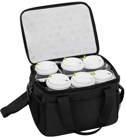 6 Cups Drink Carrier for Delivery, Insulated Drink Carrier, Reusable Cup Holder with Handle, Adjustable Dividers, Shoulder Strap, Portable Cooler Tote Bag for Delivery, Outdoors, Travel, Car (Black)