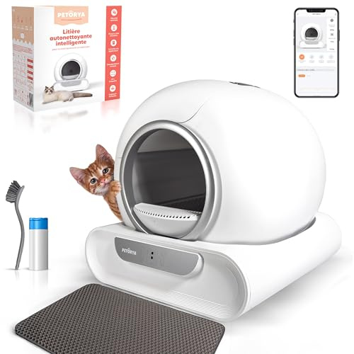 Litiere Chat Autonettoyante PETORYA, Bac à Litière Automatique, Anti-Fuites/Anti-Pincement/Anti-Odeur/Secure/Contrôle APP/Nettoyage Facile, Capacité XXL de 65L pour Plusieurs Chats