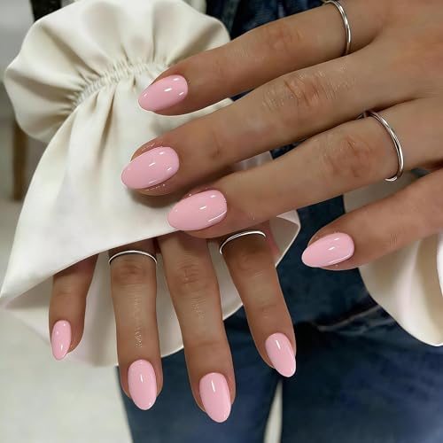 KQueenest Press On Nails Short - Light Baby Pink False Nails Oval, 32 Pcs 16 Sizes Natural Short Fake Nails Press ons Almond, Reusable Glossy Gel Stick on Artificial Nail for Everyday Office Wear