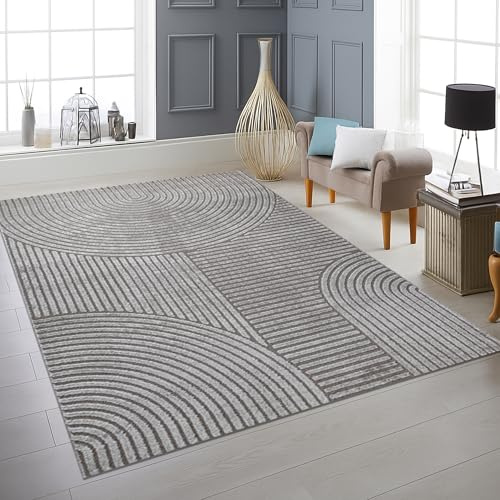 Teppich-Traum Teppich Hoch-Tief-Effekt Linien und Bögen Grau 80x150 cm | Minimalistisch, formstabil, weich, pflegeleicht, puristische Optik, Wohnzimmer, Esszimmer, Arbeitszimmer