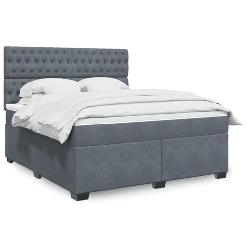 QUAHEAS Boxspringbett 180x200 cm, Dunkelgrau Samt, mit Taschenfederkernmatratze, Höhenverstellbares Kopfteil, Matratzenauflage, Kiefernholzfüße