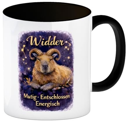 speecheese Kaffeebecher in schwarz Widder Sternzeichen Cabybara | für Astrologie Fans Einzigartige mit lustigem Spruch für Astrologen