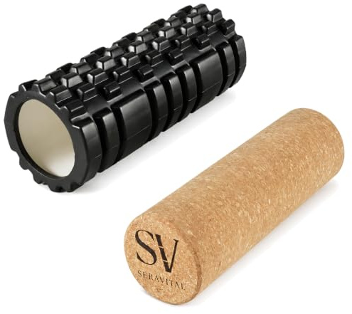 SeraVital Faszienrolle Set Kork & EVA 33cm – 2er Set Selbstmassage & Mobility inkl. Baumwollbeutel – Korkrolle 10cm + EVA Hohlrolle 13cm – rutschfest, geruchsarm – Massagerolle für Warm-up, Cool Down