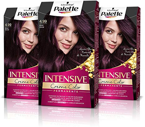 Palette Intensive Creme Color 4-99 Violín, tinte de pelo permanente con aceite de macadamia y almendras, cubre el 100% de las canas y raíces, para un color radiante, Pack 3