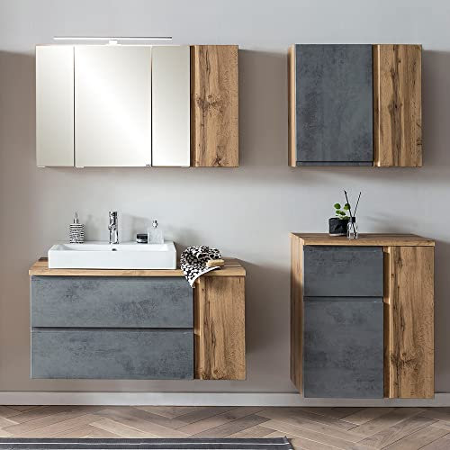 Lomadox Badmöbel Set mit Aufsatz-Waschbecken Links, Wotan Eiche Nb. mit Beton Optik, B/H/T ca. 185/200/47 cm