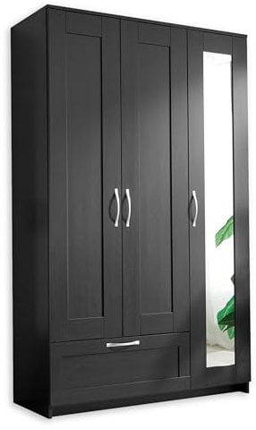 Stella Trading SALIAS Kleiderschrank mit Spiegeltür in Schwarz - Vielseitiger Drehtürenschrank 3-türig für Ihr Schlafzimmer - 117 x 190 x 50 cm (B/H/T)