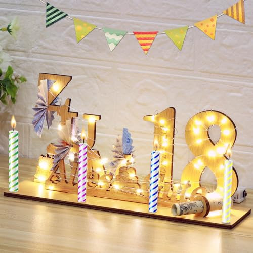 JIZZU Geschenke aus Holz Dekoration Geschenk Zum 60 Geburtstag für Mann Frau, Kreative Holz-Schild Gästebuch Geburtstag für Geldgeschenke mit LED Lichterkette (18 Jahre alt)