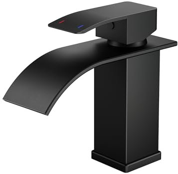FORIOUS Wasserhahn Bad Schwarz,Wasserfall Waschtischarmatur Einhandmischer Armatur Waschbecken mit Auslauf Höhe 80 MM,Wassersparend, Energiesparend