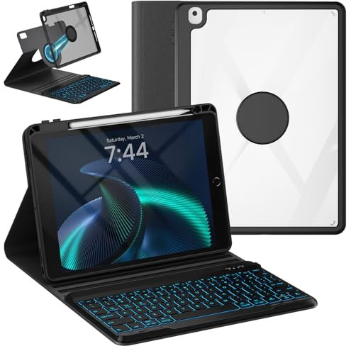OYEEICE Anti-Falloff Keycap Rotatable Keyboard Case for iPad 9th/ 8th/ 7th Generation 10.2 Inch, Enlarged Keycap Keyboard for iPad Pro 10.5 /iPad Air 3rd Gen (Black, 360° rotatable style)