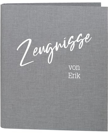 Striefchen® Dokumentenmappe personalisiert mit Name und Wunschtext – Leinenstoff – 5 Farben zur Auswahl – DIN A4 – 4-Ring-Ordner für Schüler, Studenten, Büro zur Aufbewahrung Dokumenten (Grau)