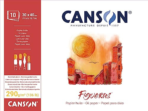 Canson Figueras Papel Óleo, Grano Imitación Lino, 290 gsm, Bloc Encolado por Lado Corto, 30 x 40 cm, Blanco, 10 hojas