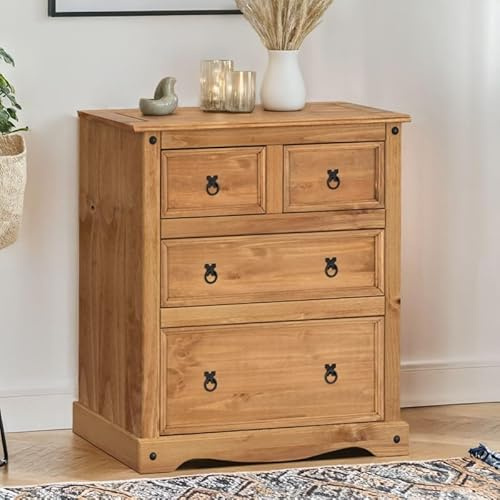 Mercers Furniture Corona 2+2 Large Chest Of Drawers Solid Wood Pine Wooden Deep Drawers Light Fiesta Wax 4 Drawer Bedroom Storage Mexican Style 103cm High 92cm Wide 48cm Deep