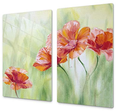 Asse da cucina in VETRO temperato – Tagliere in vetro – pezzo UNICO (60x52 cm) o DUE pezzi (30x52 cm ognuno); D06 Serie Fiori: Papaveri 2