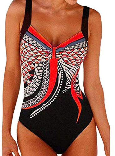 Costumi Interi Donna, One Piece Costumi da Bagno Push Up Trikini Imbottito Backless Swimsuit Pin Up Costume Bohemian Beachwear(Rosso, M)