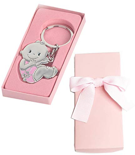 Set mit 15 Schlüsselanhängern, Mädchen, mit Schnuller, Gravur mit Namen und Datum, mit Box und rosa Schleife, Gastgeschenk zur Taufe