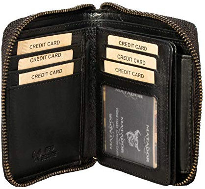 MATADOR® Granada Leder Geldbörse Herren mit Reißverschluss Schwarz TüV geprüfter RFID & NFC Schutz Blocker Portemonnaie Damen Geschenk-Box