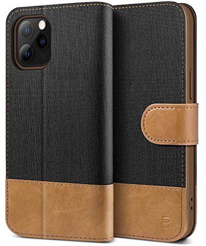 BEZ Handyhülle für iPhone 12 Hülle, Tasche Kompatibel für iPhone 12 Pro, Schutzhüllen aus Klappetui mit Kreditkartenhaltern, Ständer, Magnetverschluss, Schwarz