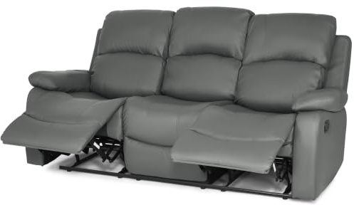 Bravich 3 Seater Recliner Sofa, Manual Reclining Faux Leather Couch, Padded Settee with Footrest, Steel Frame, Three Seater for Living Room, Grey