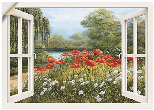 ARTland Wanddeko Wandtattoo selbstklebende Vinylfolie Fensterblick Landschaft Blumen Mohnblumen See Blumenwiese Natur F7EN