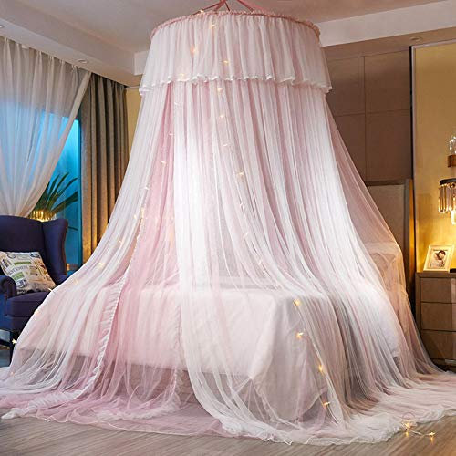 VETHIN VARWANEO Prinzessinnen-Betthimmel für Mädchen, Betthimmel, Vorhang, doppellagig, durchscheinendes Netz, kuppelförmig, Moskitonetz für Doppelbett, Queen-Size-Bett, Rosa/Weiß