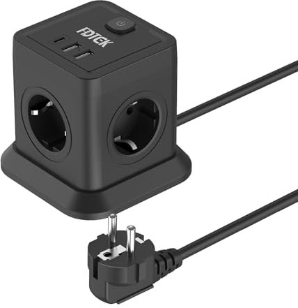 Multipresa Cubo con Interruttore, FDTEK Ciabatta Elettrica con 1 USB C + 2 USB A e 4 Prese CA, Ciabatta Multipresa con Protezione da Sovratensioni, Cavo da 2 m, 2500W/10A, Nero