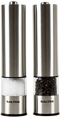 Salter 7522 SSTUR15 Electric Salt & Pepper Mills - Stainless Steel Spice Mills, Transparent Acrylic Body, Adjustable Grind, One Touch Operation, Built in Light, Removable Base Cap, Twist Lock Base