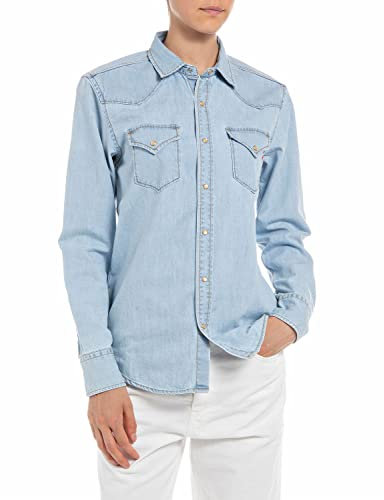 Replay Damen Jeanshemd Langarm aus Baumwolle, Light Blue 010 (Blau), S