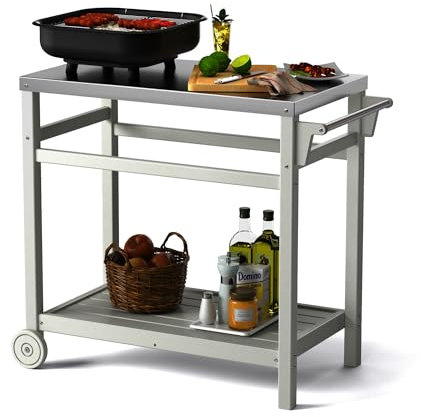 TORVA Outdoor Prep Grill Carts, 303 Stainless Steel Tabletop with High Load Capacity Portable BBQ Table, HDPE Durable Frame 2-Tier Storage Cart, White