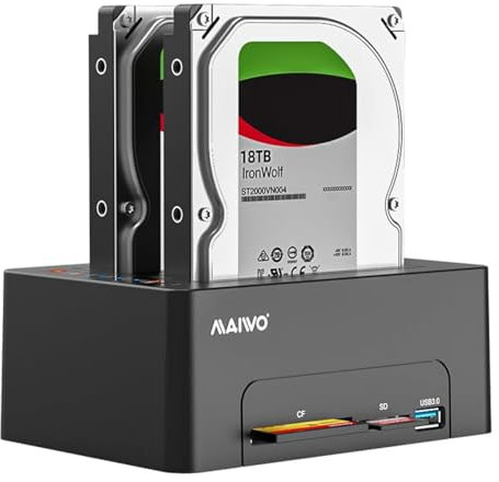 MAIWO Dual Bay Hard Drive Docking Station with Offline Clone for 2.5 3.5 Inch SATA HDD SSD, SD/CF Card/USB3.0 Expansion, 48TB Capacity, External Hard Drive Duplicator Cloner