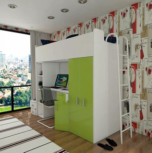 Marlux-Meble Hochbett Kinderbett JSM-4 80x190 mit Kleiderschrank Schreibtisch und Leiter Matt Kinderbetten Funktionsbett Etagenbett Stockbett Kinderhochbett Jugendhochbett (Limette Matt)